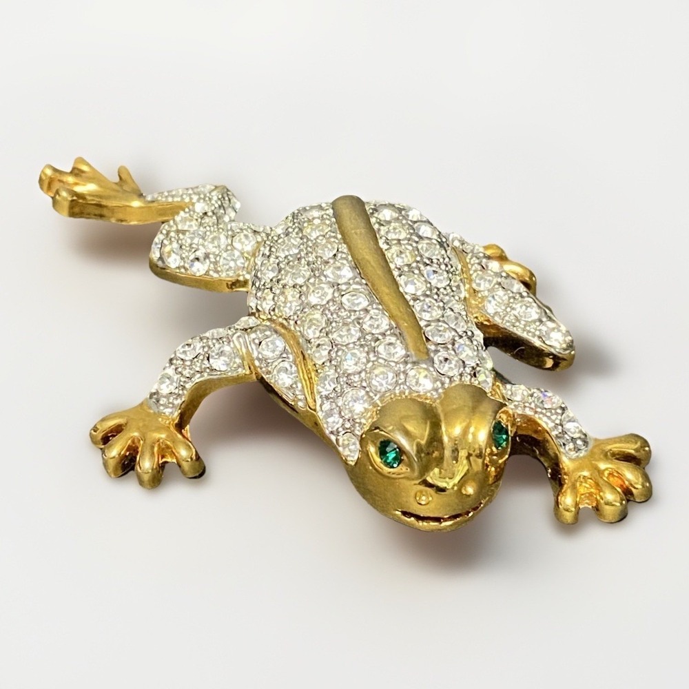 Frog Toad Gold Tone Rhinestone Encrusted Pin Brooch Vintage 4 inch Figural Pin